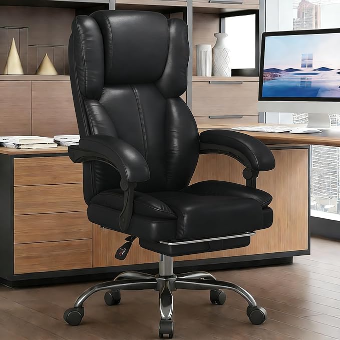 Big and Tall Office Chair, Executive Home Office Desk Chair, Leather Computer Chair with Retractable Footrest, Adjustable Headrest and Reclining Height, Padded Arms, 360°Swivel Free, Wide Seat, Black