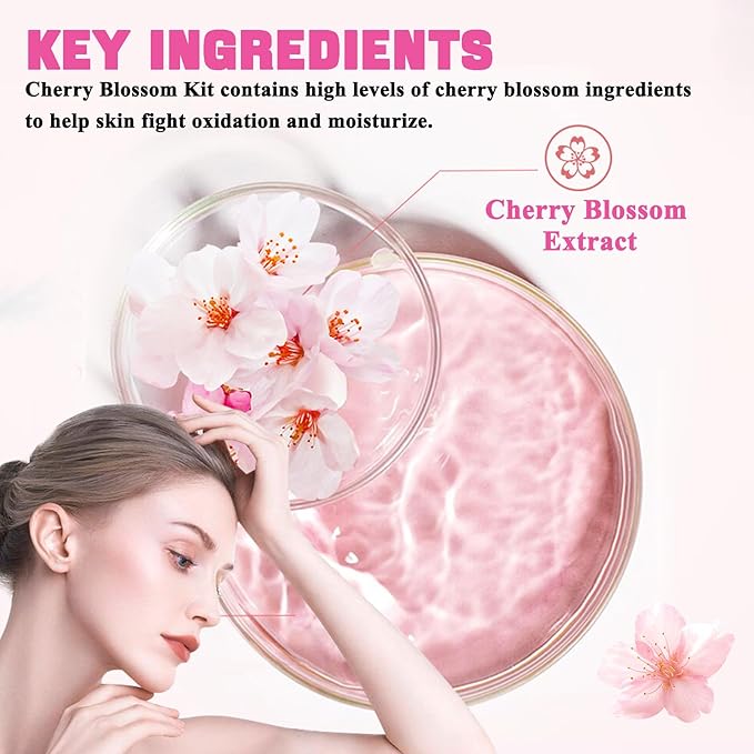 8PCS Sakura Skin Care Set,Hydrating Skincare Gift Set with Facial Cleanser,Face Masks,Facial Serum,Face Cream,Toner and Eye Cream,Deeply Moisturizing Facial Kit for Women and Girls