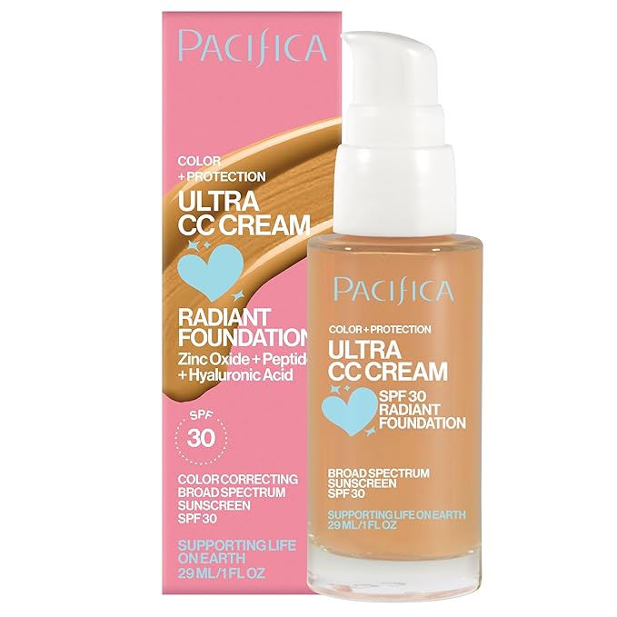 Pacifica Ultra CC Cream Radiant Foundation SPF 17 - Warm/Medium – Medium Coverage Color Correcting Cream, Dewy Finish, Mineral SPF, 1 oz
