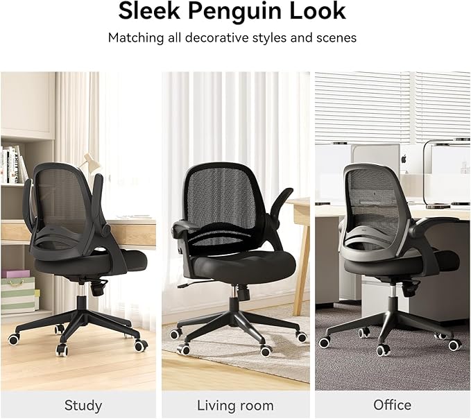 Hbada Office Desk Chair with Flip-Up Armrests and Saddle Cushion, Ergonomic Office Chair with S-Shaped Backrest, Swivel, Mesh, Black