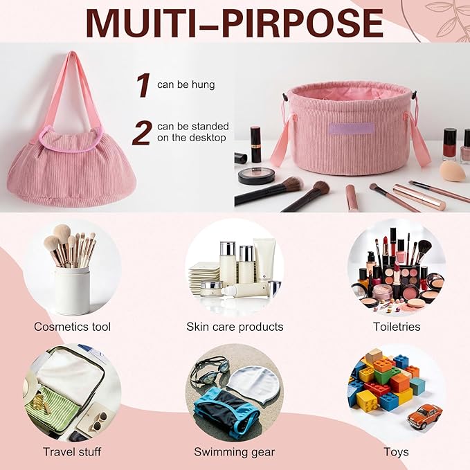 makeup bag lay flat Lay Flat Barrel Drawstring Corduroy Makeup Bag for Women Portable Open-flat Large Capacity Travel Cosmetic Organizer, Skincare & Brush Storage(Pink)