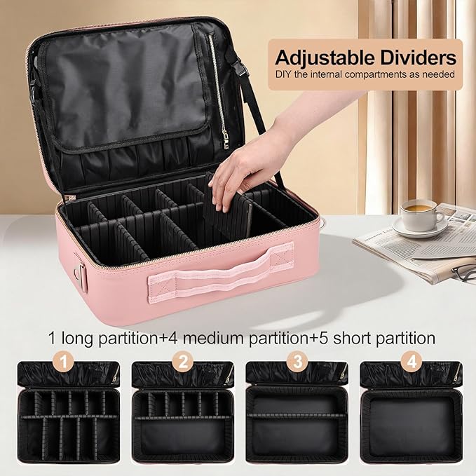 Large Travel Makeup Case, Professional Makeup Train Case Organizer for Women, Cosmetic Brush Bag Holder Waterproof Makeup Artist Storage Box with Adjustable Dividers and Shoulder Strap, Leather Pink
