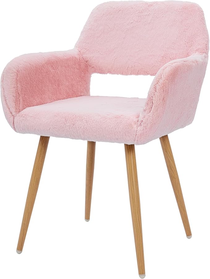 Home Office Faux Fur Desk Chair, Fluffy Makeup Vanity Chair, Comfy Accent Armchair with Wood Grain Metal Legs, Cute Dining with Hollowed Back, Pink