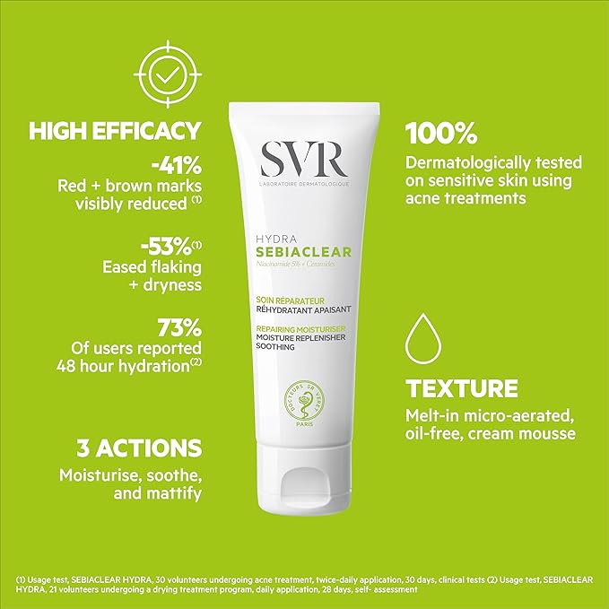 SVR Sebiaclear Moisturizing Face Cream - Soothing Moisturizer, Reduces the appearance of marks, with Niacinamide, Hyaluronic Acid and Ceramides for Oily Sensitive Skin, Non-Comedogenic. 1.4 oz.