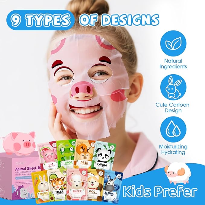54 Pack Animal Kids Face Mask Spa, Bulk Collagen Hydrating Sheet Face Masks Skincare for Girls Teens, Easter Basket Stuffers, Birthday Gifts, Mothers Day Gifts for Mom