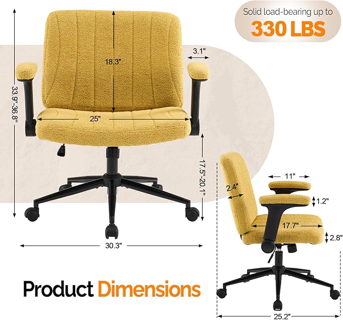 VINGLI Criss Cross Chair with Adjustable Flip-Up Arms,Cross Legged Chair with Wheels,Extra Wide Office Chair,Desk Chair for Home Office,Vanity,Bedroom, Apartment,Starry Chenille,Pale Yellow