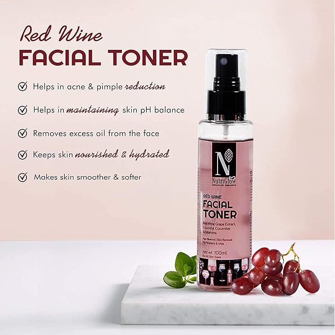 Nutriglow Advanced Organics Red Wine Face Wash with Red Wine Facial Toner for Skin Balancing Anti-Acne Exfoliation Kit for Smooth Refresh Skin Tone, All Skin Types, 100 ml Each, Pack of 2
