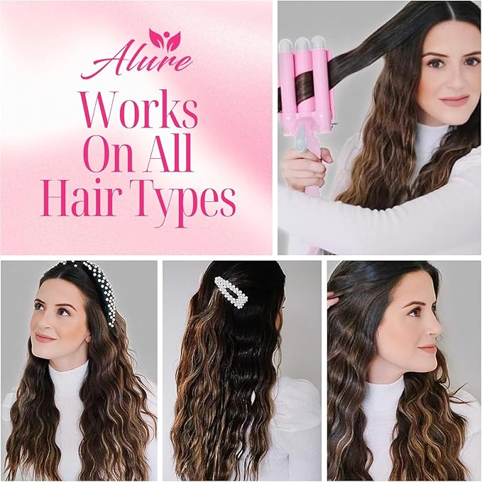 Alure Three Barrel Curling Iron Wand with LCD Temperature Display - 1 Inch Ceramic Tourmaline Triple Barrels, Dual Voltage Crimping Tool, Best Hair Waver for Beachy/Frizz Free Waves (White/Pink)