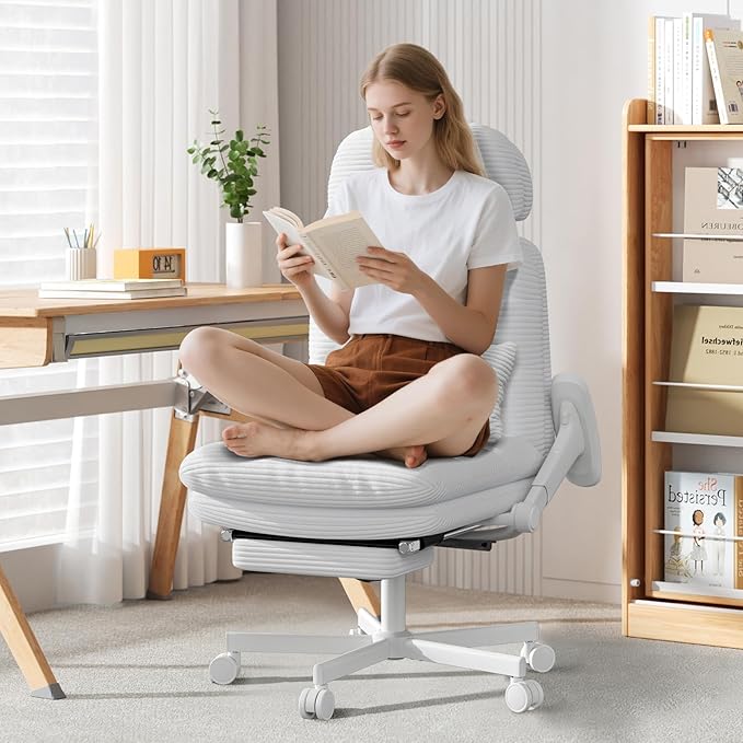Criss Cross Chair with Wheels & Flip-up Arms, Executive Office Chair with Foot Rest, Swivel Cross Legged Office Chair with Lumbar Pillow, Corduroy Comfy Computer Desk Chair for Home, White
