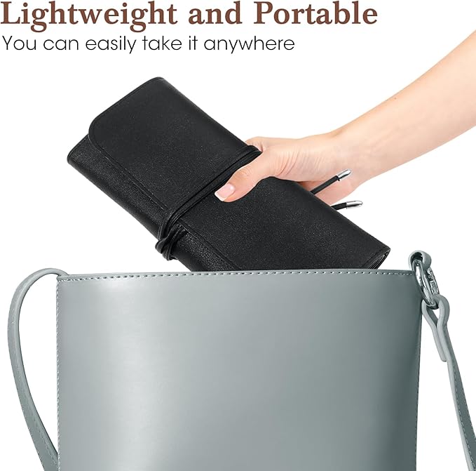 Makeup Brush Case Travel, Makeup Brush Case Roll Up, Brush Holder Organizer Pouch Cosmetic Bag for Travel, Rolling Bag Storage Case PU Leather