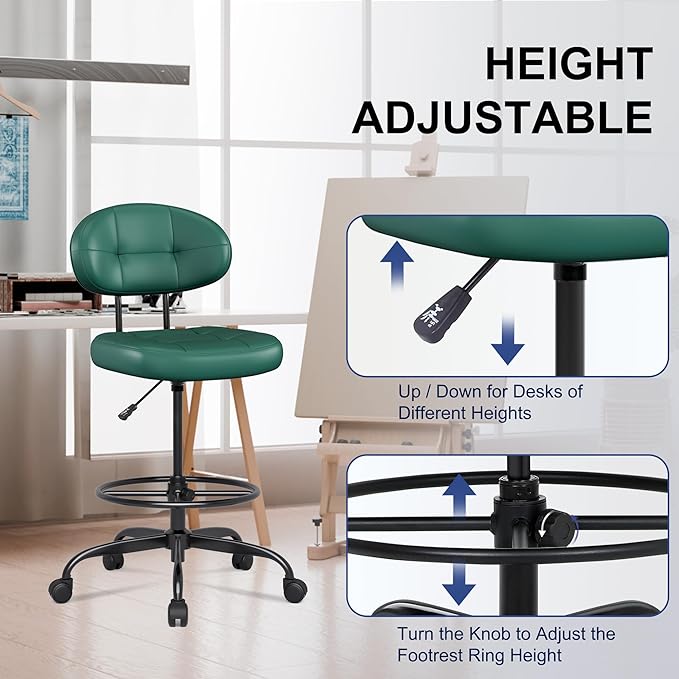 Misolant Drafting Chair, Armless Tall Office Chair with Footrest Ring for Standing Desk, Small Faux Leather Executive Computer Chair with Adjustable Height for Bar Lab Counter Height Desk, Green