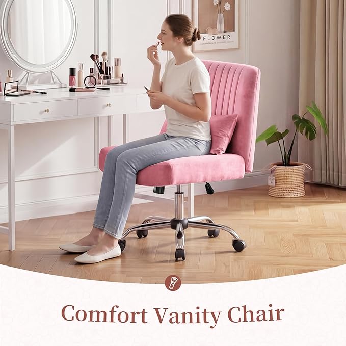 Warmiehomy Velvet Criss Cross Desk Chair with Wheels, Luxury Cross Legged Office Chairs for Home Office, Swivel Wide Seat Vanity Chair, Armless Adjustable Height Gaming Chair Gift, Rose Pink