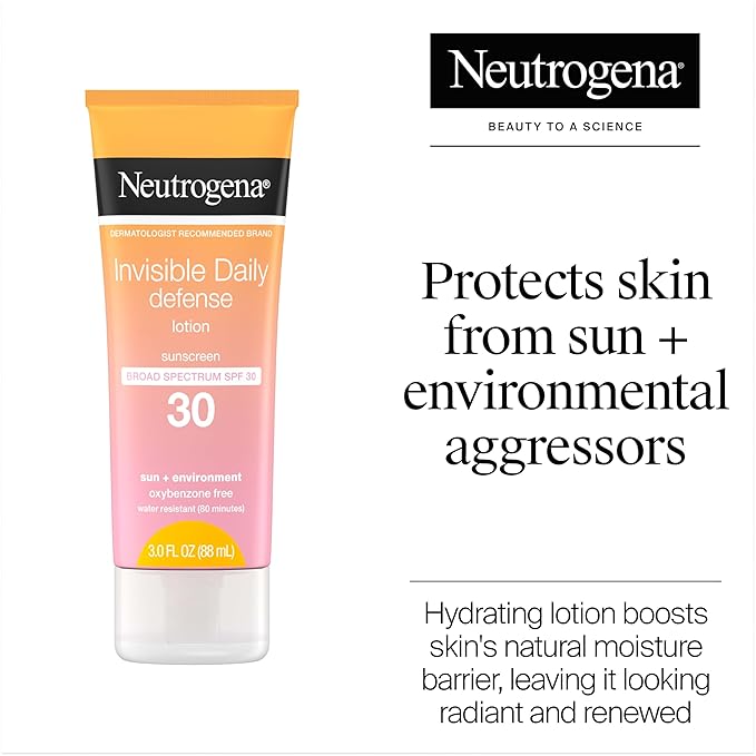 Neutrogena Invisible Daily Defense Sunscreen Lotion, Broad Spectrum SPF 30, Oxybenzone-Free & Water-Resistant, Sun & Environmental Aggressor Protection, Antioxidant Complex, 3.0 fl. oz (Pack of 2)