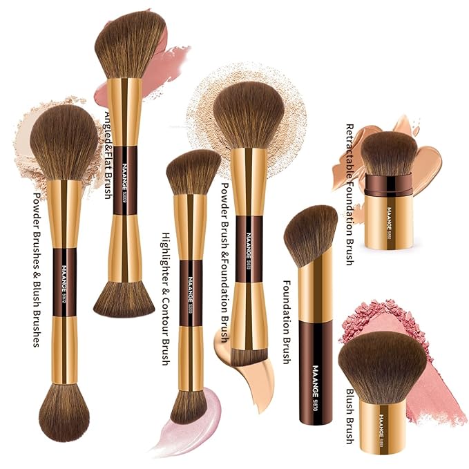 MAANGE 7pcs Makeup Brush Set Double Sided Kabuki Makeup Brushes Contour Brush for Foundation Liquid Powder Concealer Cream Cosmetics Bronzer Blending Blush Buffing Makeup Tools (Coffee Gold)