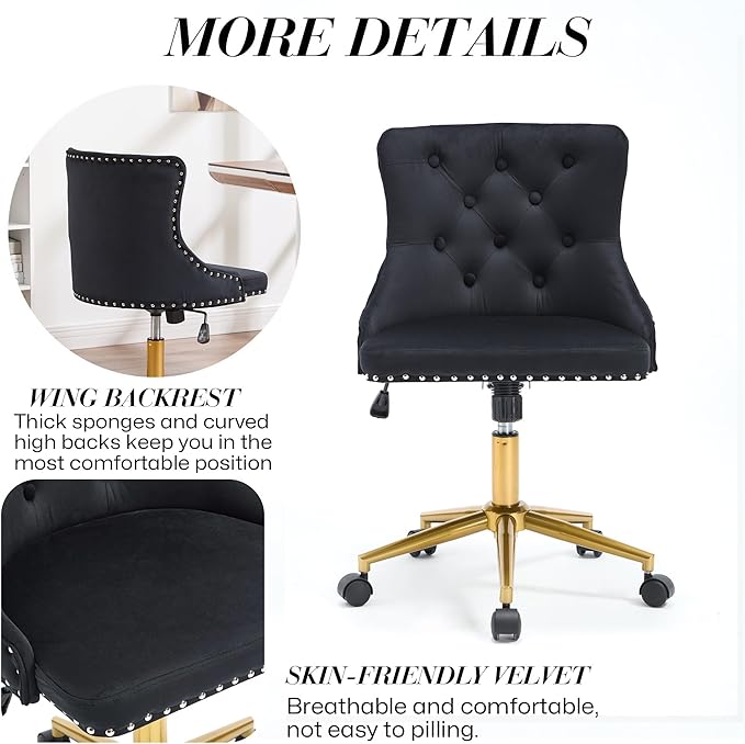 Velvet Armless Home Office Desk Chair, Swivel Height-Adjustable Small Cute Vanity Chair for Women/Girls, Comfy Makeup Chair with Rivet and Gold Base for Living Room, Bedroom(Black)