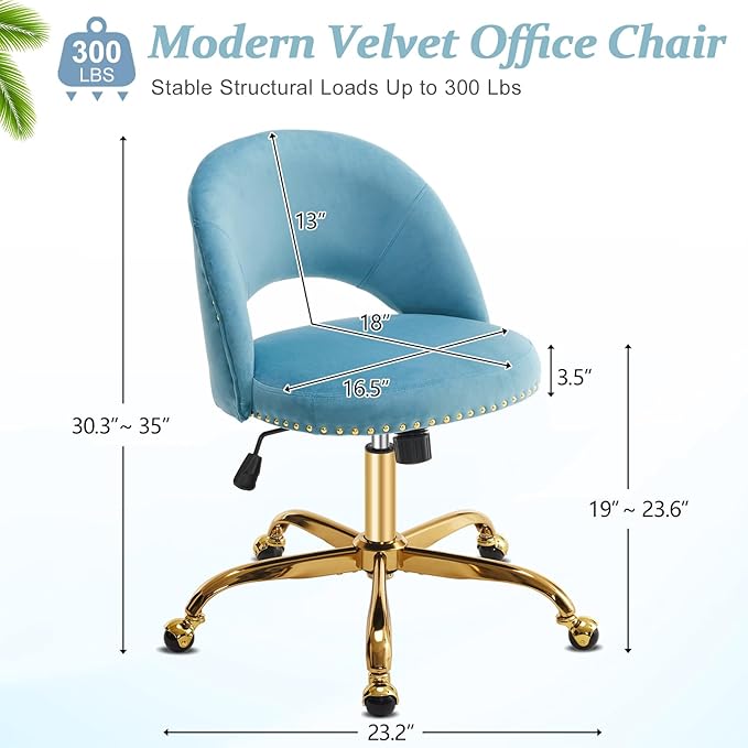 VINGLI Modern Velvet Small Office Chair,Cute Desk Chair with Wheels,Gold Base/Studs, Comfy Armless Swivel Vanity Task Chair for Women/Girl/Kids, Nail Tech Chair for Bedroom,Small Space,Cruising Blue