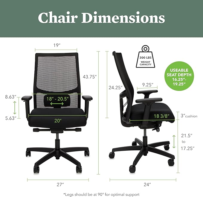 HON Ignition 2.0 Mid Back Task Chair, Spectrum Mesh, Advanced Synchro-Tilt Control, Office Chair with Lumbar Support, Height and Width Adjustable Arms, Black Frame, Sky