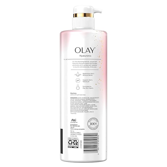 Olay Body Wash for Women, Intensely Hydrating, Hyaluronic Acid Serum Complex, Renews Moisture, Free of Parabens & Phthalates, Vitamin B3 Lameller Technology, For All Skin Types, 20 fl oz
