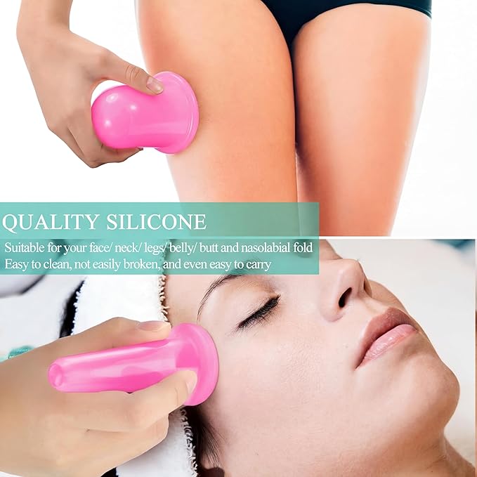 BBTO Silicone Facial Cupping Set, Vacuum Massage Cup Kit for Body, Face, Neck, Back, and Eye, 6 Cups and Exfoliating Brush (Translucent Pink)