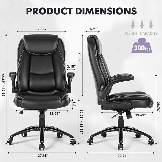 Ergonomic PU Leather Office Chair Set of 2 with Flip-Up Armrests & Reclining Backrest, 300lbs Thick Padded Seat Executive Desk Chair-Adjustable Height & Tilt Tension, Brown, Black