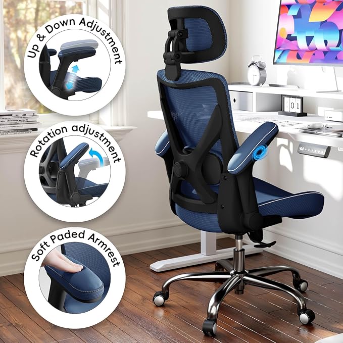 Office Home Ergonomic Desk Chair-Computer X-Shaped Chair Mesh PU Leather with Adjustable Lumbar Support-Executive Chair High Back Flip-Up Arms for Long Hours (Navy Blue)