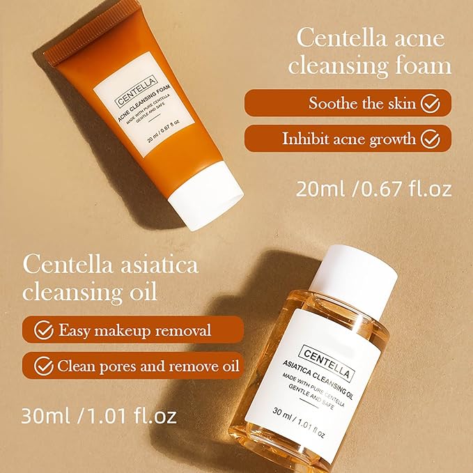 Centella Travel Kit, Toner, Sun Repair Serum, Soothing Cream, Cleansing Oil, Acne Cleansing Foam, Basic Mini Size Skin Care Kit Box & Gift Set for Women, Stocking Stuffers