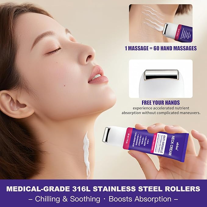 Neck Firming Cream with Roller, Neck Cream for Tightening and Firming with Retinol, Collagen & Niacinamide to Reduce Wrinkles, Tighten Sagging Skin & Lift Jawline