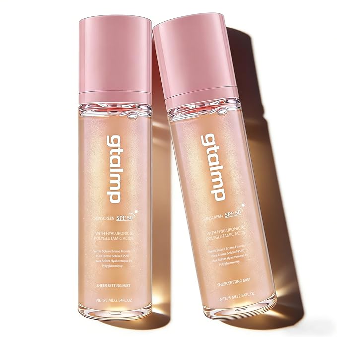 Sheer Setting Mist Sunscreen SPF 50, Glitter Body & Face Sunscreen Spray, Weightless, Fast Drying Setting Spray for a Hydrated, Dewy Finish, Beach, Festival, Summer Vacation (2 Pack)
