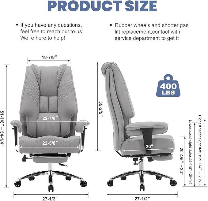 Big and Tall Office Chair 400lbs Wide Seat, Leather High Back Executive Office Chair with Foot Rest, Ergonomic Chairs Lumbar Support for Lower Back Pain Relief (Mesh Dove Grey)