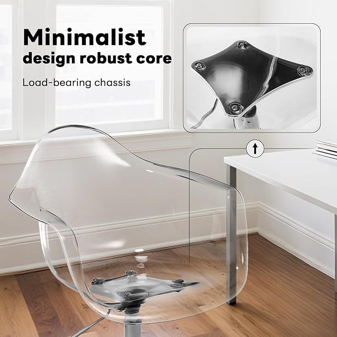Lessmore Clear Desk Chair, Adjustable Acrylic Home Office Chair with Wheels, Swivel Vanity Rolling Chair Swivel Task Chair for Office, Home, Make Up, Small Space, Bed Room(Silver)