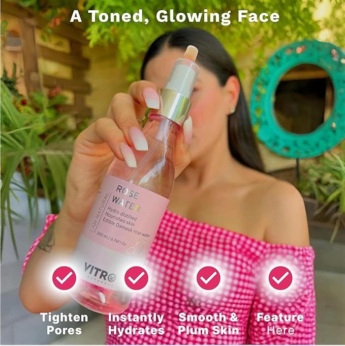Veetro Rose Water Spray for Face 200ml | Pure Gulab Jal | No Additives, Chemicals, or Preservatives | Natural Toner for Hydrated, Glowing Skin | Hydro Distilled
