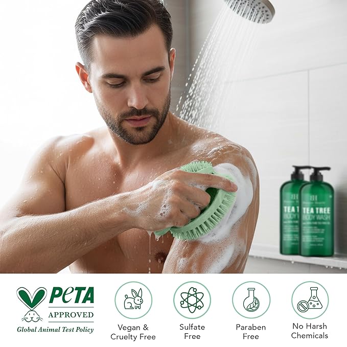 Botanic Hearth Tea Tree Body Wash 2Pack, with Silicone Dual-Sided Design Body Brush & Scrubber | Infused with 100% Pure Tea Tree Oil, Coconut, Jojoba |Foot & Body Cleanser | Paraben Free |16 fl oz