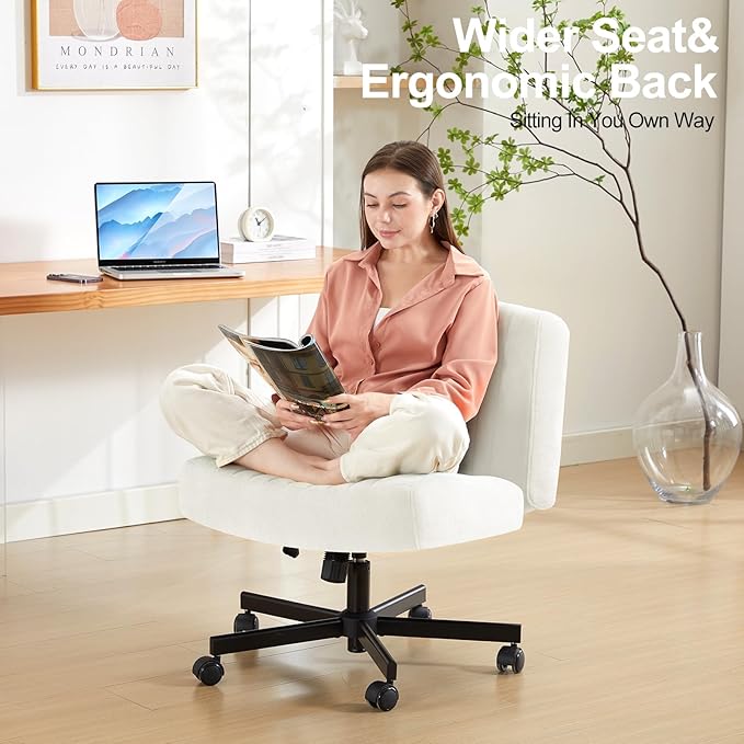 Criss Cross Chair with Wheels,Thick Padded Fabric Cross Legged Office Desk Chair with Pocket Spring Cushion,Dual-Purpose Base,Wide Adjustable Computer Home Office Vanity Chair,Cream White