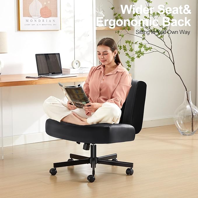 Criss Cross Chair with Wheels,Thick Padded Leather Cross Legged Office Desk Chair with Pocket Spring Cushion,Dual-Purpose Base,Wide Adjustable Computer Home Office Vanity Chair,Black
