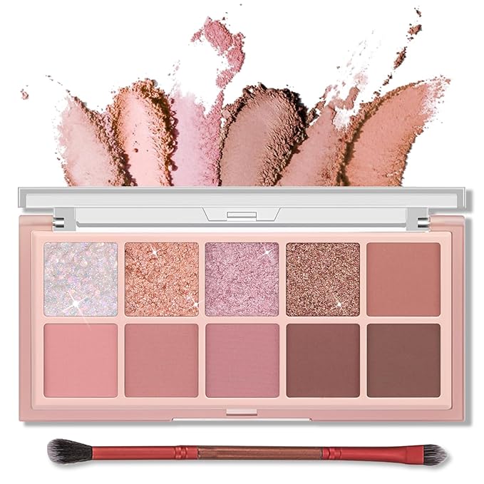Erinde 10 Colors Eyeshadow Palette Makeup - Matte Shimmer Glitter Eye Shadow, Natural-Looking Korean Eye Makeup, Ultra-Blendable, High Pigmented, Pink Eyeshadow Palette with Brush, Rose Pink