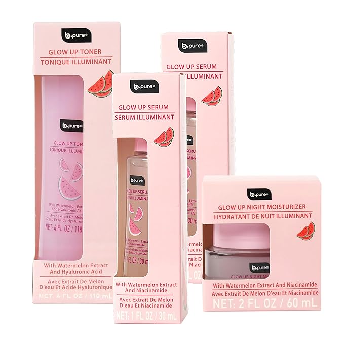 b.pure Glow Up Renewing Skin Care Gift Set - 1 Toner, 2 Renewing Serums, 1 Moisturizer - Hyaluronic Acid, Niacinamide, and Watermelon Extract Kit