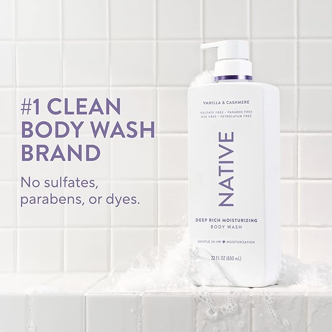 Native Moisturizing Body Wash, Vanilla & Cashmere, 24-Hour Hydration for Dry & Sensitive Skin, Made with Real Shea Butter, Sulfate & Paraben Free, 22 oz