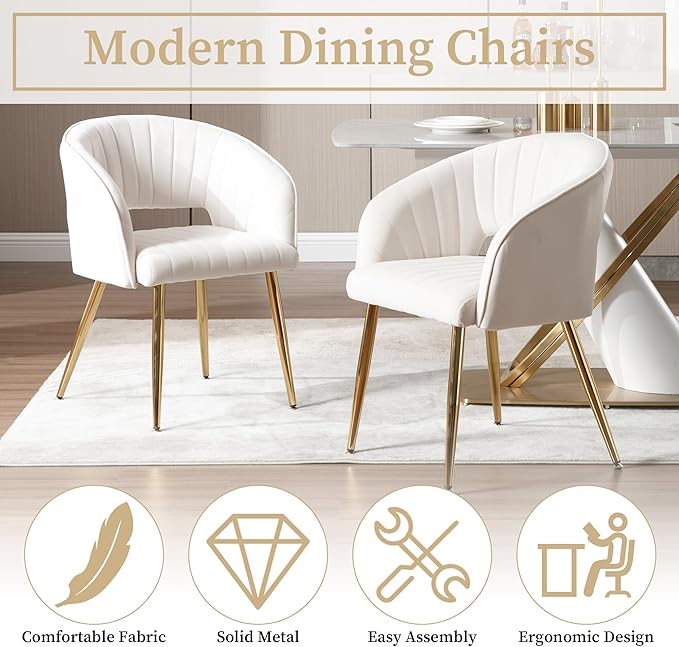 Westice Velvet Home Office Desk Chair Set of 1, Modern Tufted Vanity Chairs with Gold Metal Legs, Upholstered Accent Armchair for Living Room Restaurant, White