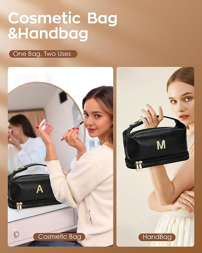 Girly Gifts, Makeup Bags Personalized Bags with Handle, Waterproof Double Layer Cosmetic Bag, Large Capacity PU Leather Makeup Bags Letter Travel Toiletry Bag with Makeup Brush Organizer