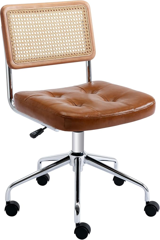 Zesthouse Leather Office Desk Chair with Wheels, Mid Century Rolling Desk Chair with Natural Rattan Back, Modern Swivel Home Office Chair, Small Height Adjustable Computer Task Chair, Brown
