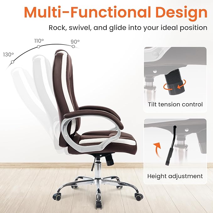 NEO Chair Office Desk Ergonomic Gaming Chair High Back Adjustable Computer Chair with Wheels and Lumbar Support Comfy Leather Executive Swivel (Brown)