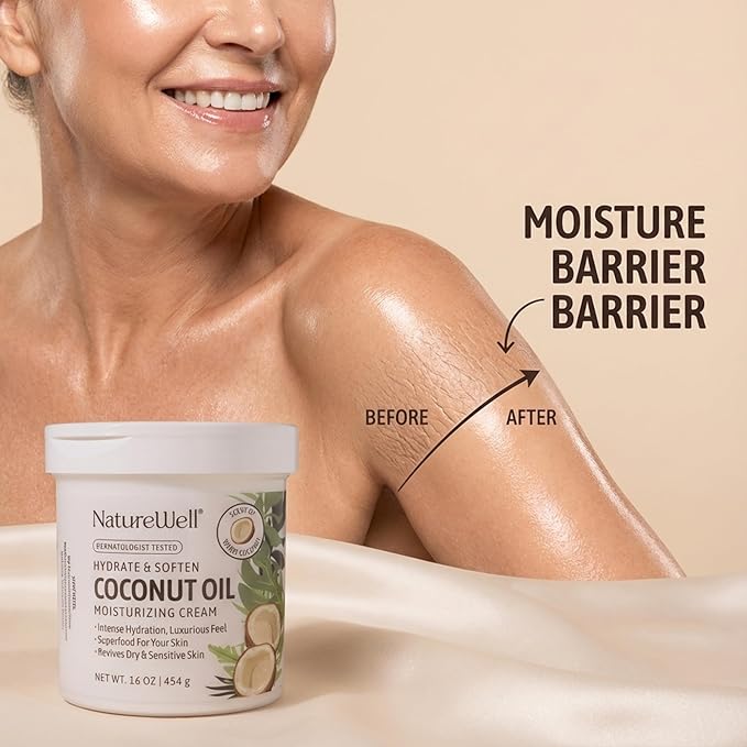 NATURE WELL Coconut Oil Moisturizing Cream for Dry Skin – Deep Hydration Lotion for Face, Body & Hands, Spa Quality Skincare, Softens & Smooths, Non-Greasy, Fast Absorbing, Vitamins A C E, 16 Oz