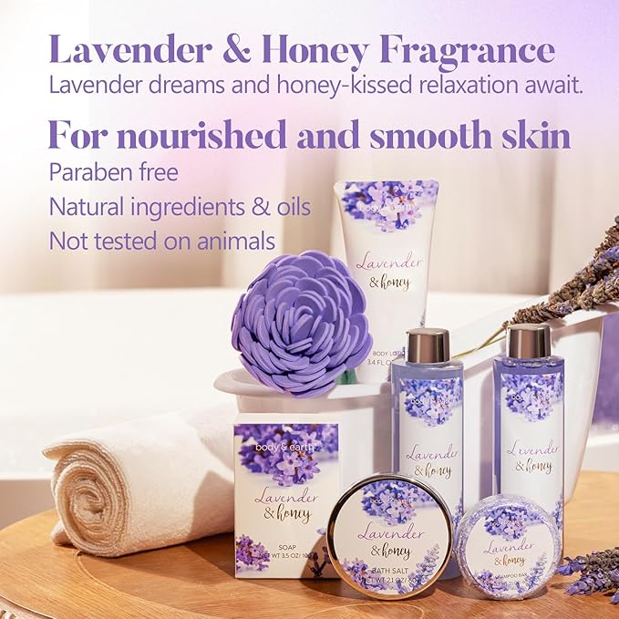 Body & Earth Bath and Body Gift Set - 8 Pcs Lavender Spa Baskets for Women, Spa Kit for Women, Birthday, Holiday, Anniversaries, Mother's Day Gifts for Her, Mom, Wife, Girlfriend