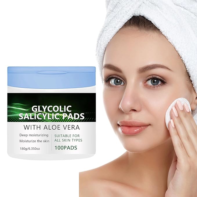 Glycolic Acid & Salicylic Acid Pads – Soft and Smooth Face Exfoliating Toner Pads with Aloe Vera – Hydrating Daily Use Pads for Sensitive Skin, 100 Count (1 Pcs)