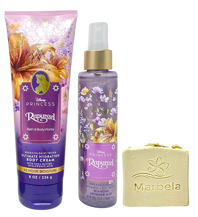 Bath & Body Works Limited Edition Princess Collection Rapunzel Ultimate Hydration Body Cream and Diamond Shimmer Mist with a Wild Jasmine Bar Soap