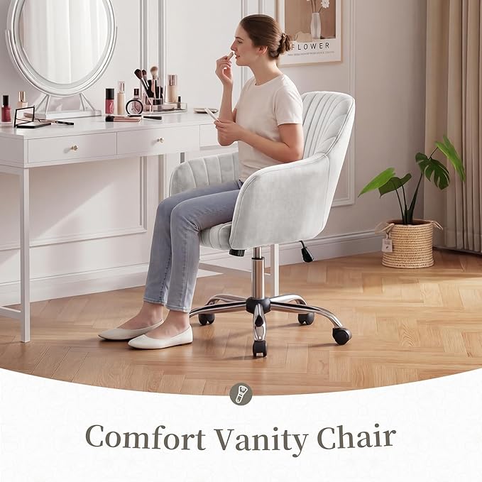 Warmiehomy Velvet Desk Chair for Home Office, Modern Adjustable Swivel Task Chair, Women Vanity Chairs with Arm Rest for Bedroom Dressing Room, White