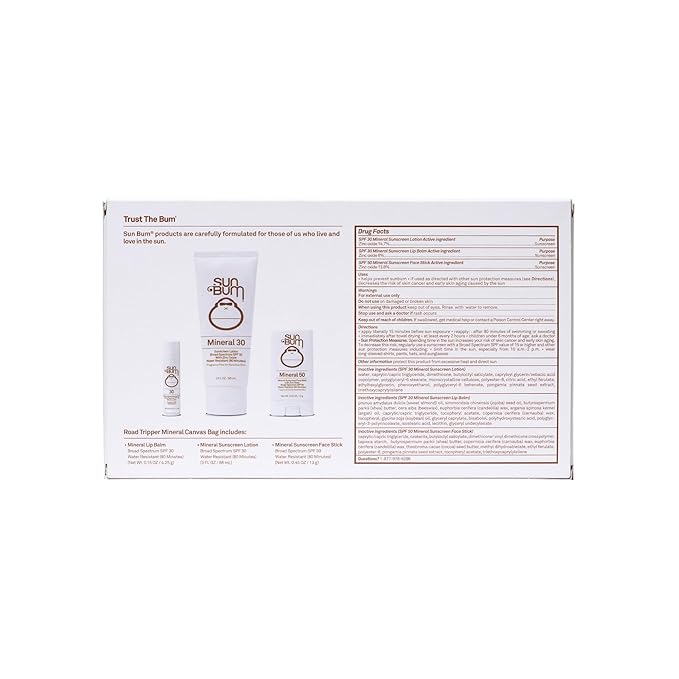 Sun Bum Mineral Road Tripper - Travel Sized Sun Care Pack with Sunscreen Lotion, Face Stick, and Lip Balm - Broad Spectrum UVA/UVB Protection - Hawaii 104 Act Compliant - TSA Friendly