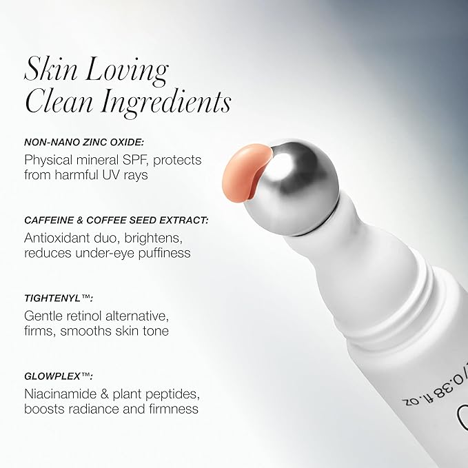 RMS Beauty Superbright Undereye Corrector – 100% Mineral SPF 30 Sunscreen – Brightening Eye Cream with Caffeine & Peptides – Tinted Depuffing Metal Rollerball – 0.4 fl oz