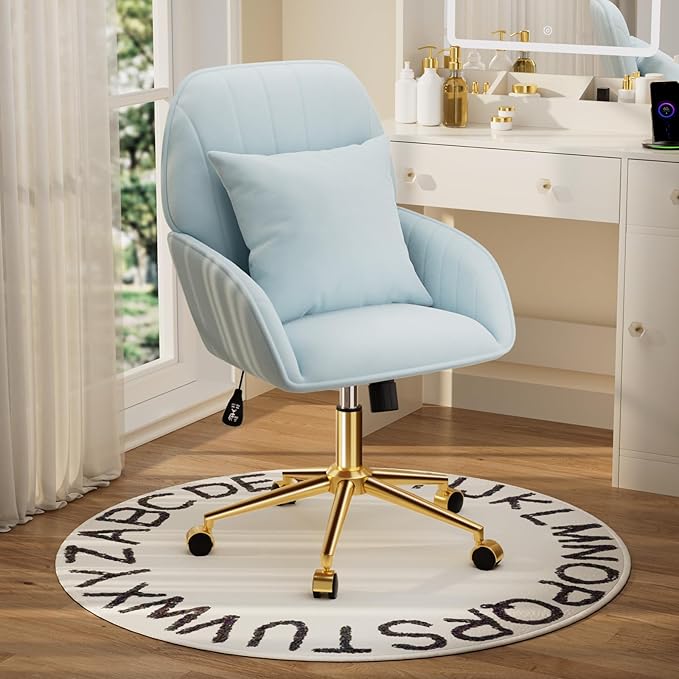 Home Office Desk Chair Comfy with Adjustable Swivel Wheels, Modern Velvet Makeup Vanity Chair with Back & Pillow, Ergonomic Office Chair Computer Task Chair for Living Room, Bedroom, Blue