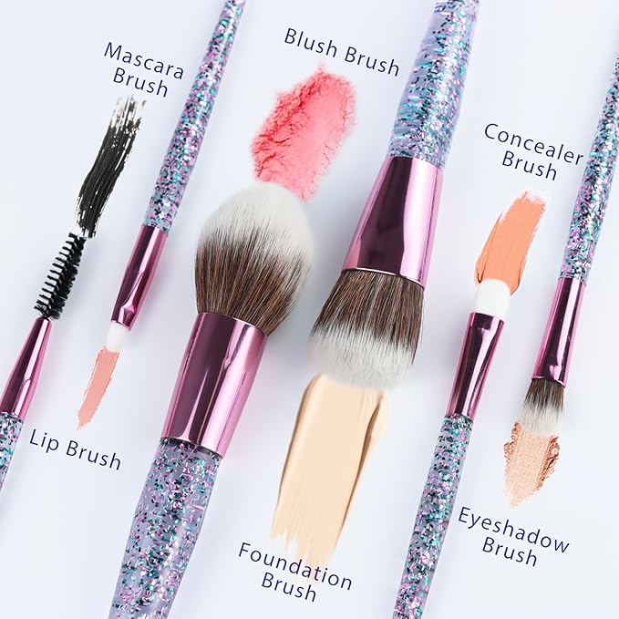 6-Piece Makeup Brush Set with 2 Beauty Sponges & Bling Crystal Handle - Daily Essential Cosmetic Brushes Kit for Professional Foundation, Concealer, Eyeshadow, Powder Blush(Purple)